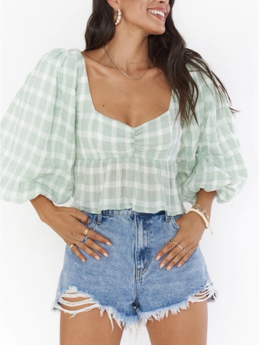 Show Me Your MuMu Flowy Cathy Gingham Top Mint Puff-Sleeve
